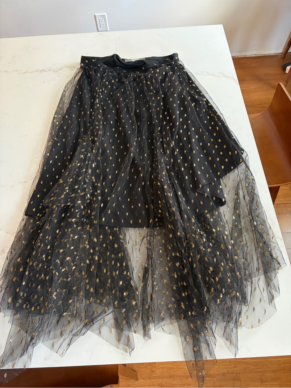 Eva Franco Black Tulle Maxi Skirt with Gold Dot Overlay